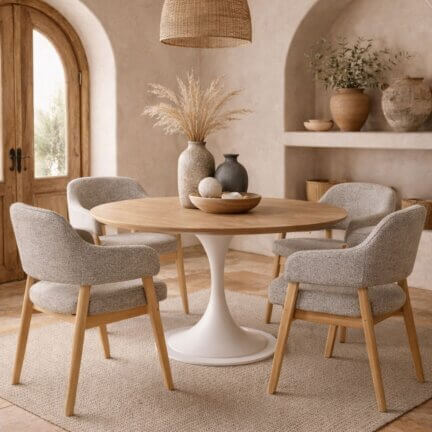 Esstische aus Massivholz 3 Runder esstisch aus massiver eiche mit tischgestell rund bold infinity in hellem wohnraum