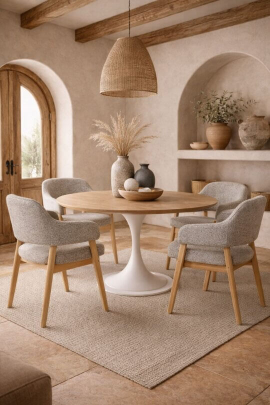 Massivholztische direkt vom Hersteller – Dein Esstisch aus Eiche 6 Runder esstisch aus massiver eiche mit tischgestell rund bold infinity in hellem wohnraum