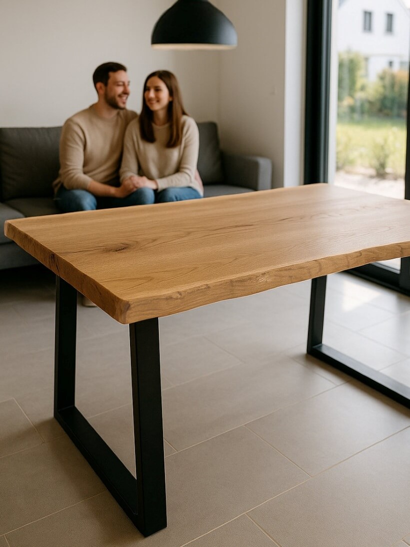 Paar sitzt auf sofa neben einem baumkante tisch mit kufengestell in neubau