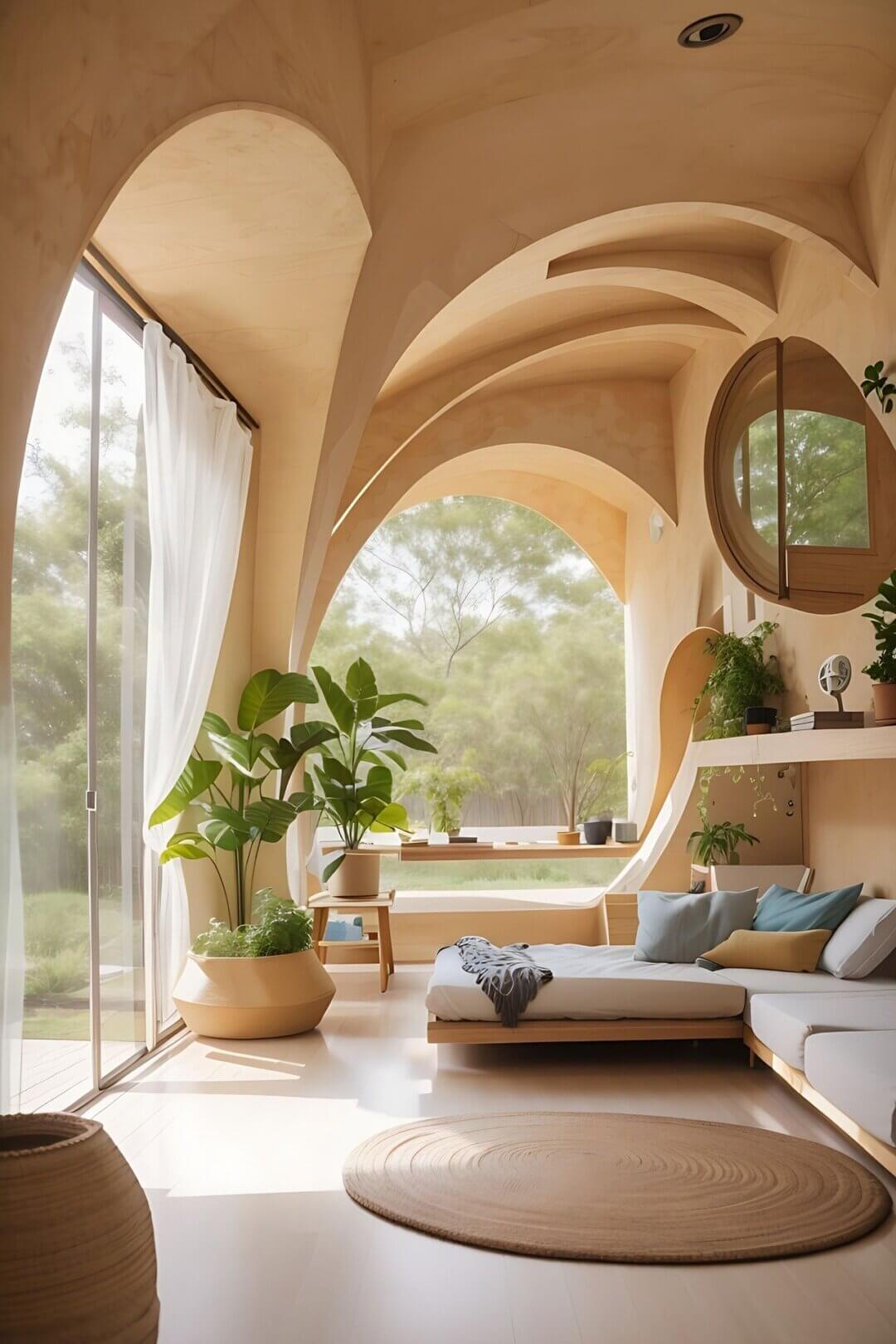 Lichtdurchflutetes zimmer im organischen design mit holzkonstruktionen, zimmerpflanzen, rundem teppich und minimalistischem stil.