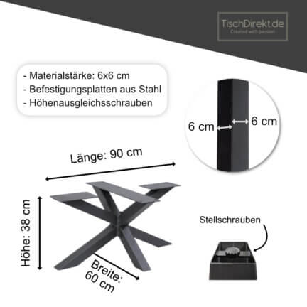 Maßzeichnung spider-tischgestell aus stahl, breite 80 cm, höhe 38 cm.