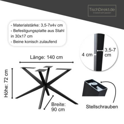 Tischgestell light spider slim stahl schwarz maße 140x90 cm, höhe 72 cm