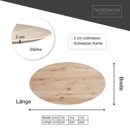 Tischplatte chalet a 30 mm eiche oval geschliffen abgerundete schweizer kante maße td