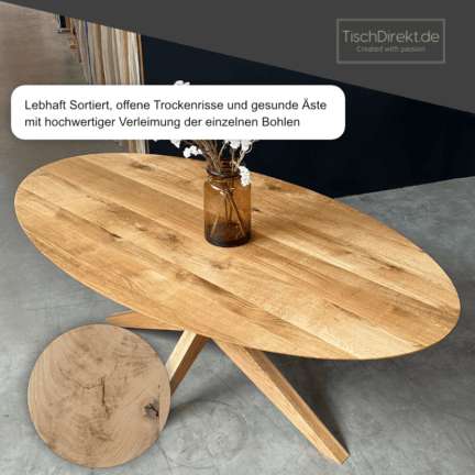 Tischplatte chalet a 30 mm eiche oval geschliffen abgerundete schweizer kante sortierung td