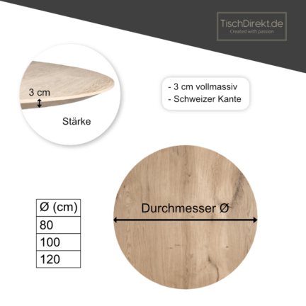 Tischplatte chalet a 30 mm eiche rund geschliffen abgerundete schweizer kante maße td
