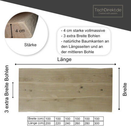 Tischplatte chalet e eiche 3 bohlen geschliffen baumkante