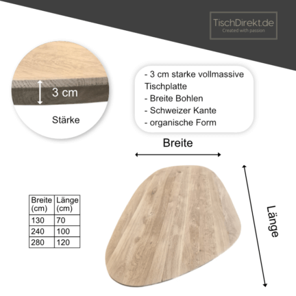Tischplatte chalet k kieselform, 30 mm eiche schweizer kante, maße td