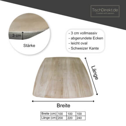 Tischplatte chalet u leicht oval, 30 mm eiche, geschliffen, schweizer kante, maße tischdirekt