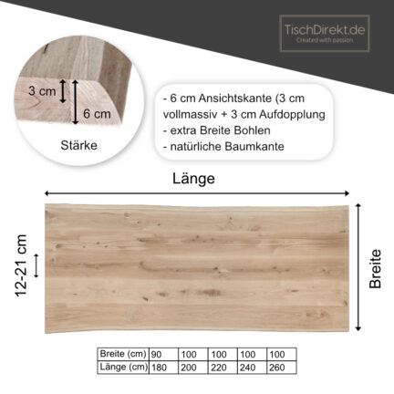 Tischplatte eiche chalet b 60 mm geschliffen baumkante aufgedoppelt
