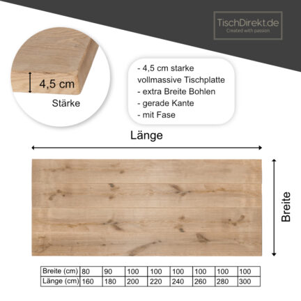 Unsere gebürsteten tischplatten in den längen 160-300 cm , mit gerader kante, einer stärke von 4,5 cm und extra breiten bohlen